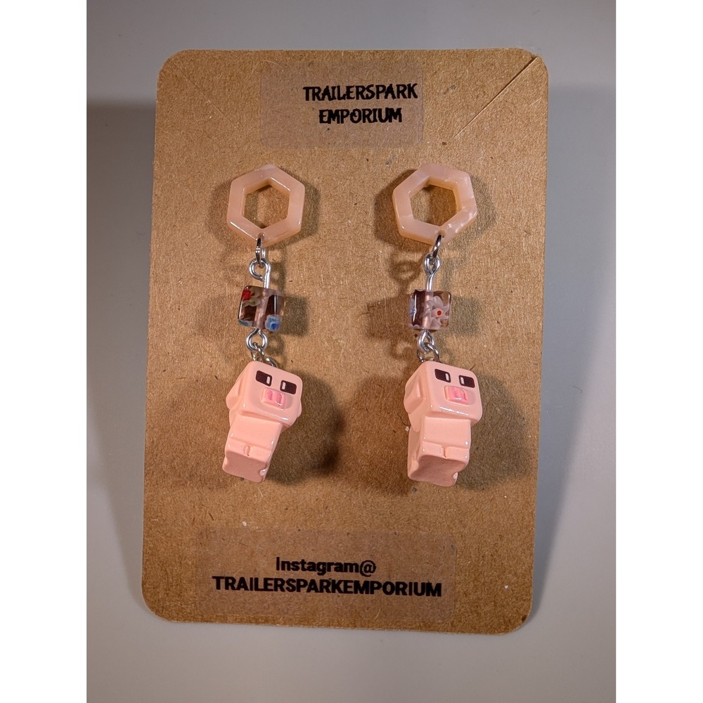 Trailerspark Emporium Minecraft Pig Charm Earrings Pink Nickel Free Handmade